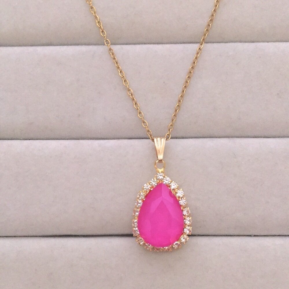 Hot Pink + Gold Crystal Halo Pear Drop Pendant Necklace - Picture 7 of 12